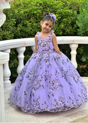 Violet Lace Tulle Pearl Embellished Romantic Flower Girl Dress